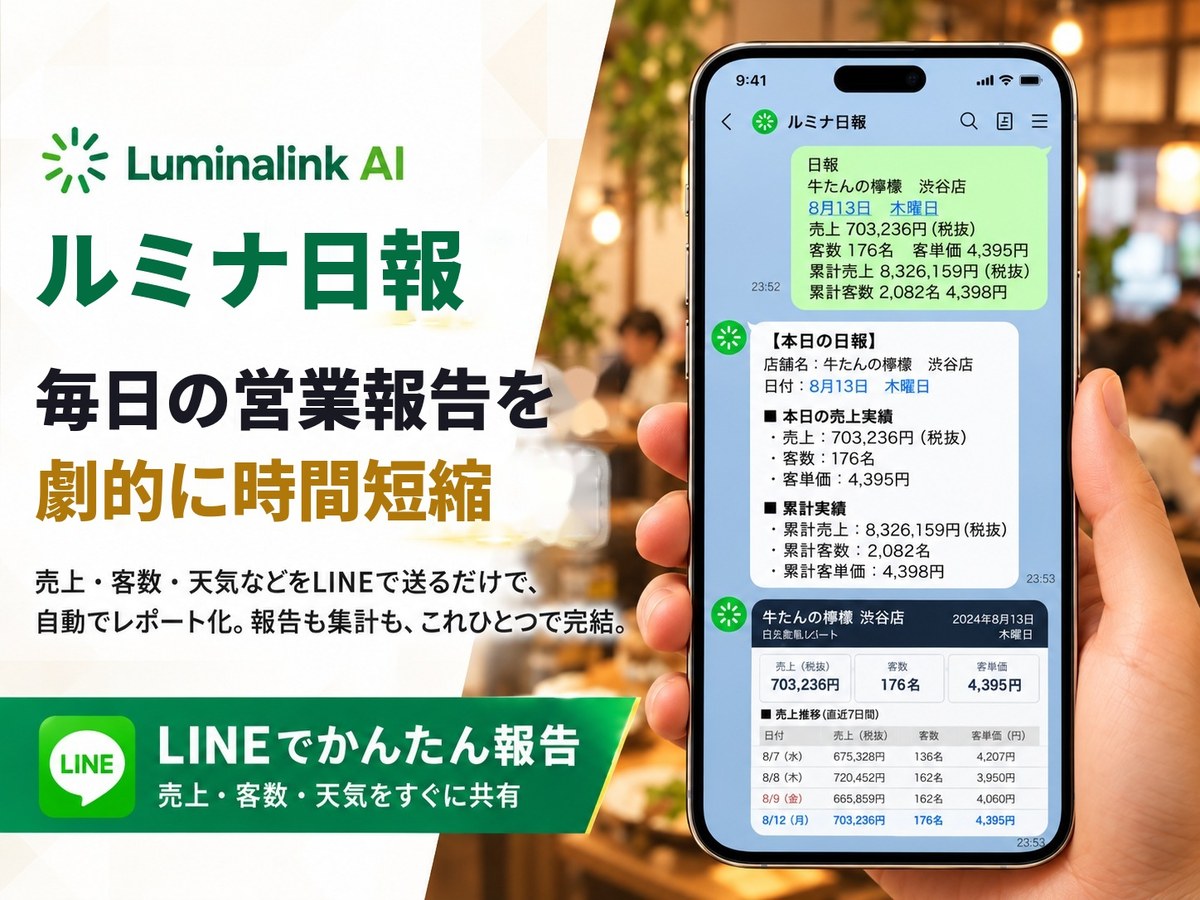 ルミナ日報：毎日の営業報告を劇的に時間短縮。LINEで送るだけで自動レポート化